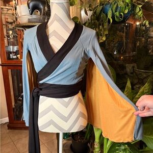 Blue and Black Wrap Top with Yellow Accents